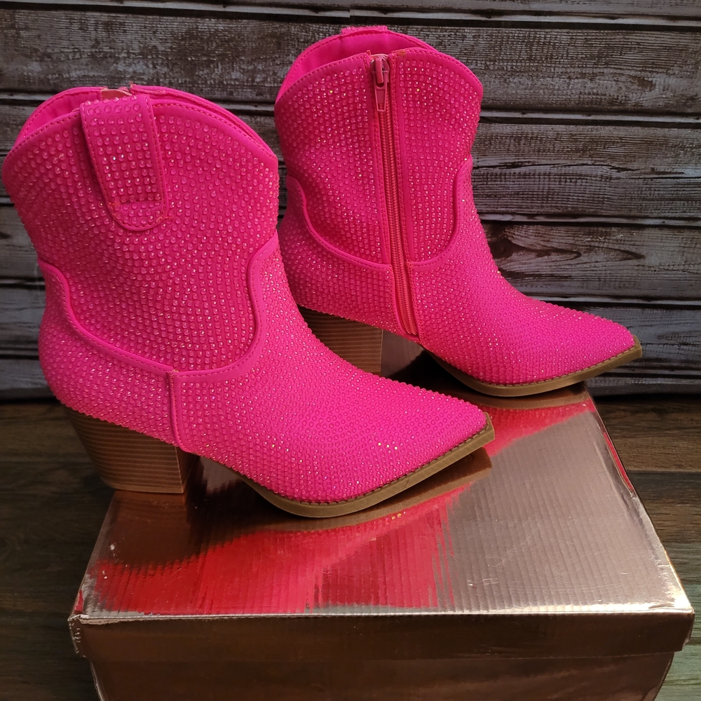 Milan I Vibrant Pink Rhinestone Heeled Boots